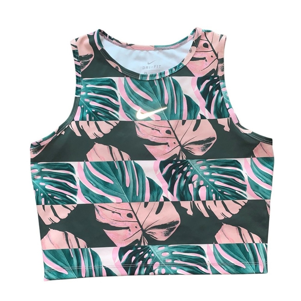 Nike Tank Top Medium Pink Green Tropical Monstera Leaf Dri-FIT Sporty Core